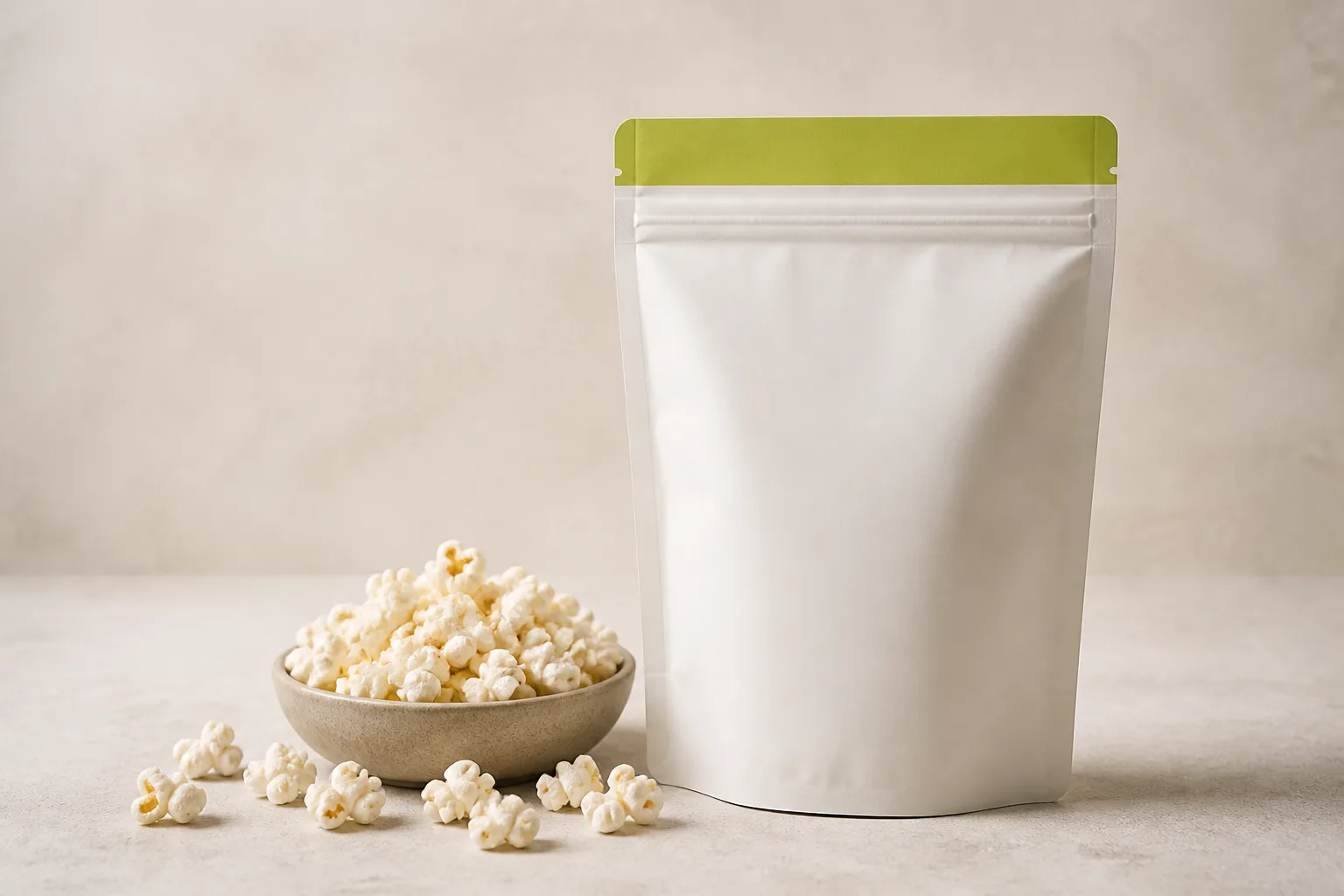 White and lime roomy zipper pouch with plain popped popcorn