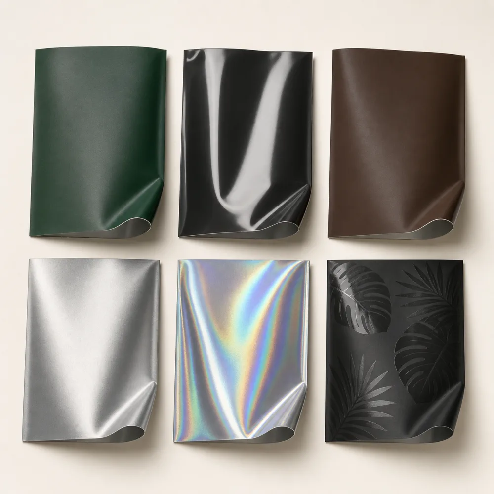 Matte, gloss, soft touch, metallic, holographic and spot gloss film finishes